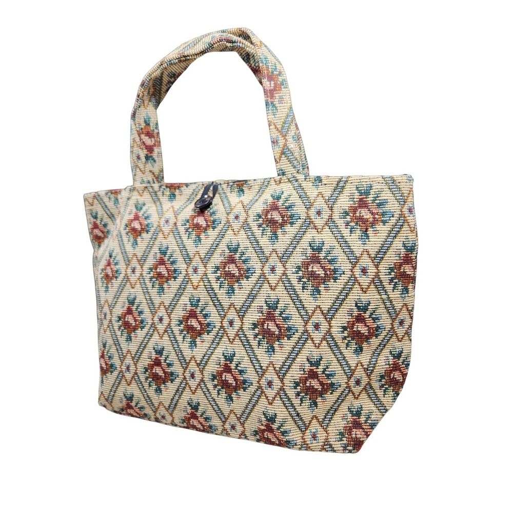 Vintage Floral Tapestry Tote Handbag Needlepoint Cottagecore Grandma Brocade